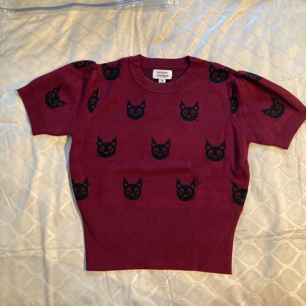 Burgundy & Retro Black Cat Sweater - S/4